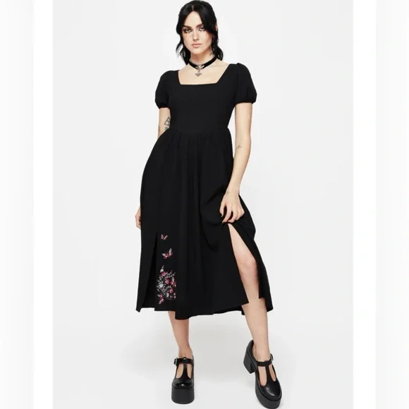 NWT Disturbia Copia Moth Embroidered Cotton Puff Sleeve Split Skirt Midi Dress 2 - Picture 1 of 9